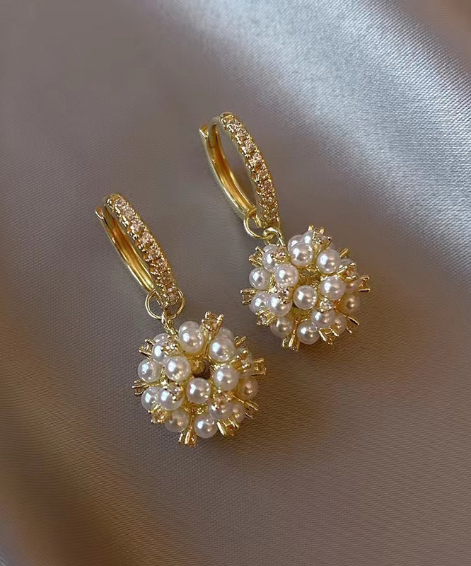 Gold Metal Overgild Pearl Zircon Ball Drop Earrings