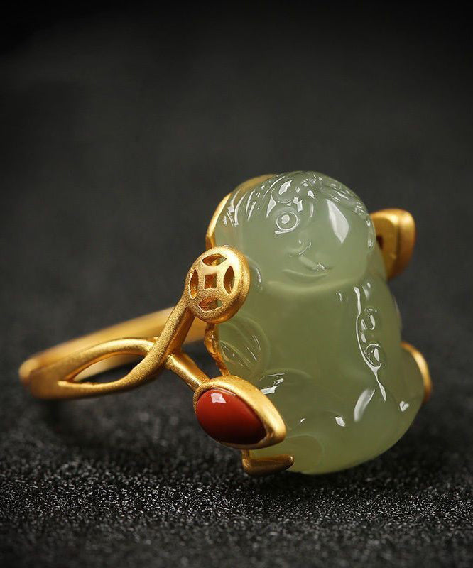 Classy Green Sterling Silver Overgild Jade a Mythical Wild Animal Rings