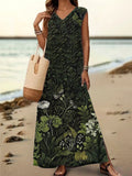 Women's Floral Art Print V-Neck Sleeveless Cotton Pocket Dress