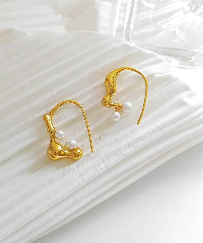 Gold Copper Asymmetrical Pearl Hoop Earrings