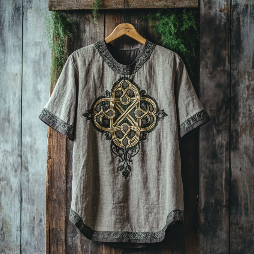 Men's Viking Tribal And Celtic Knotwork Embroidered Linen T-shirt elevenforest