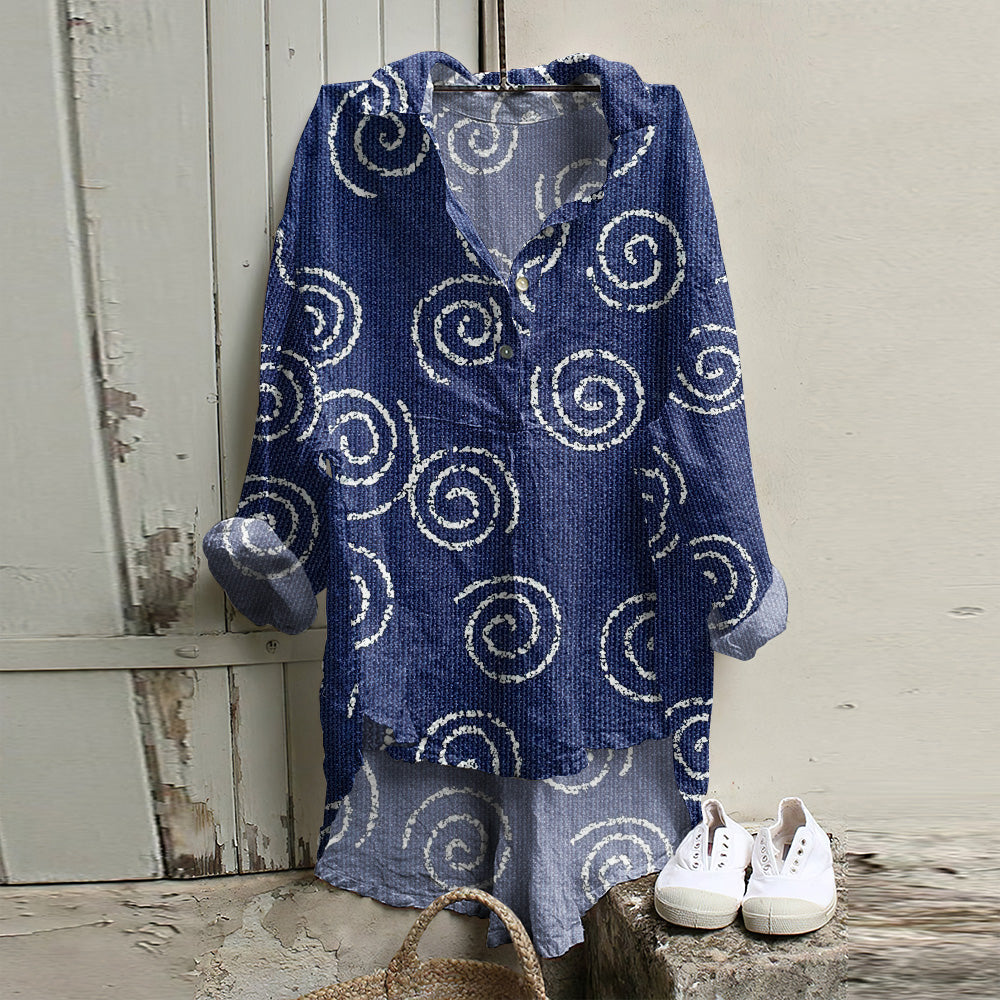 Japanese Art Geometric Print Long Sleeve Casual Shirt elevenforest