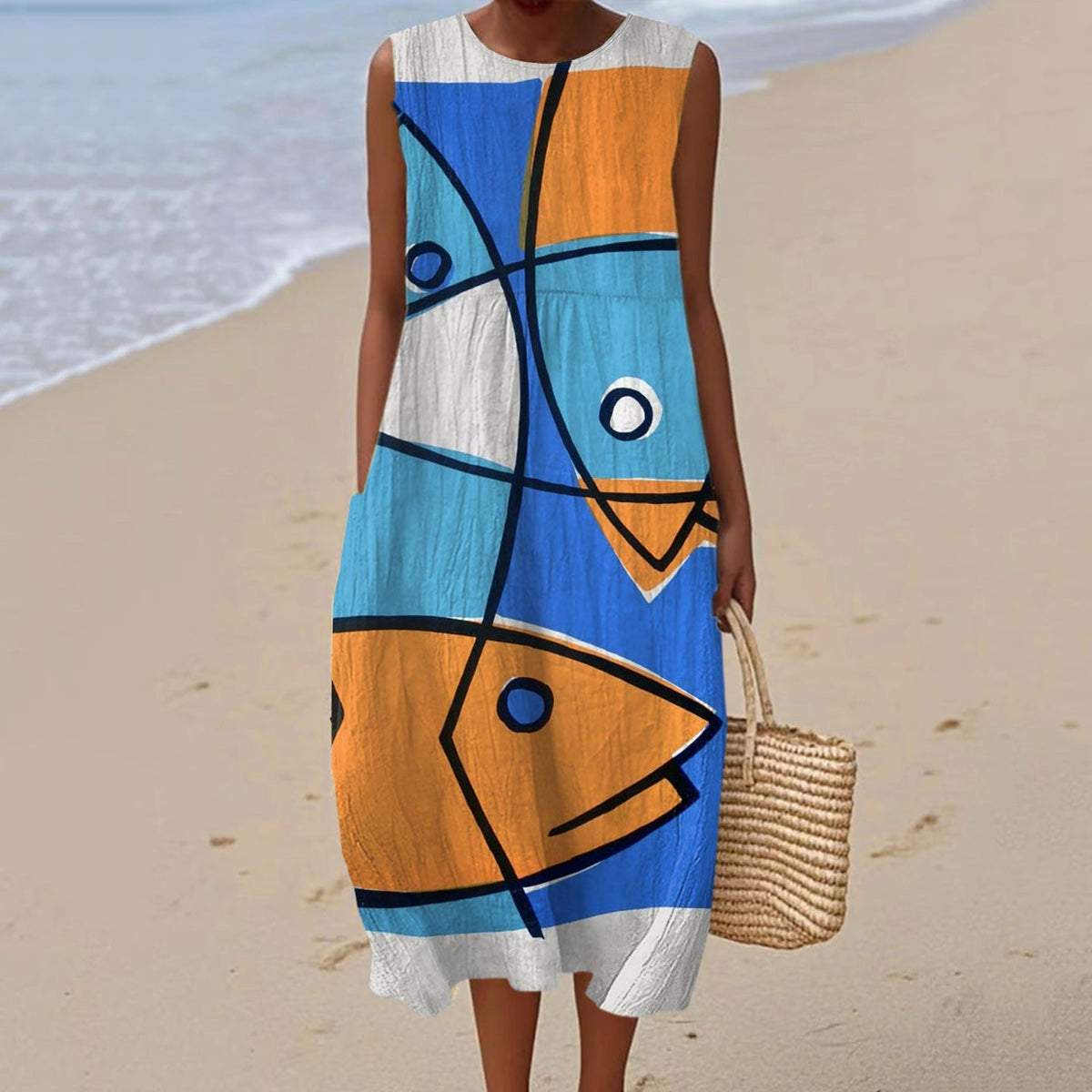 Women's Vintage Fish Art Color Block Print Sleeveless Dress elevenforest