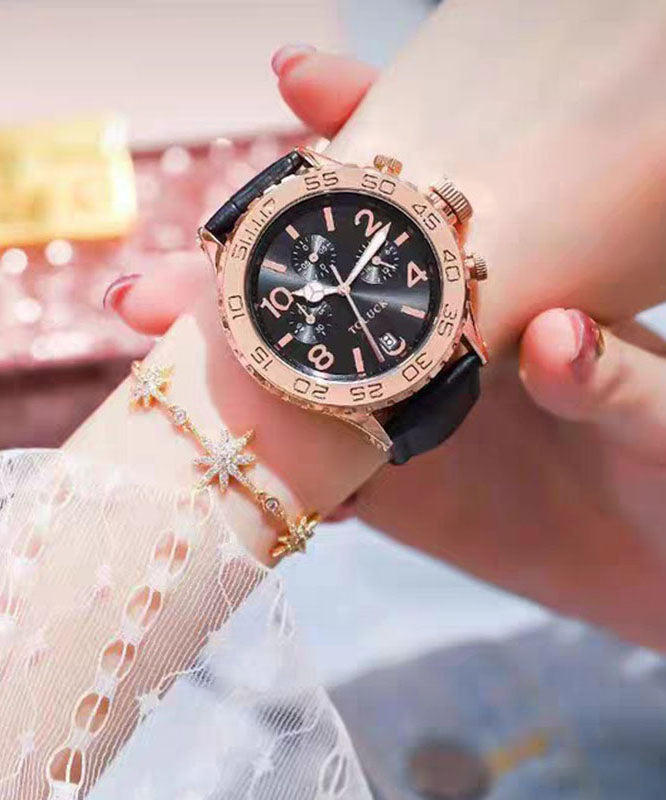 Black Leather Alloy Reinforced Glass Waterproof Watches