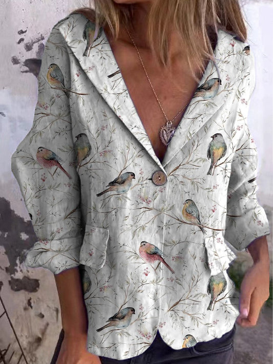 Lovely Spring Birds On Bough Repeat Pattern Printed Women's Linen And Cotton Pocket Coat
