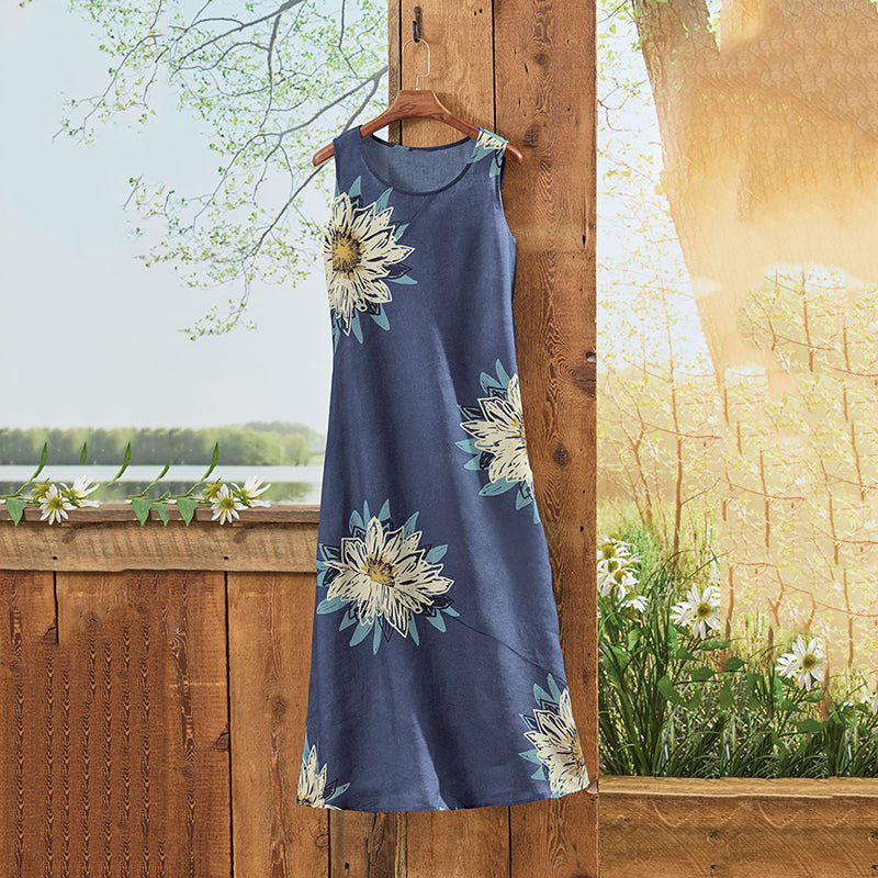 Comstylish Vintage Floral Art Linen Sleeveless Dress