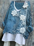 Women's Casual Floral Embroidery Art Linen Blend Retro Shirt elevenforest