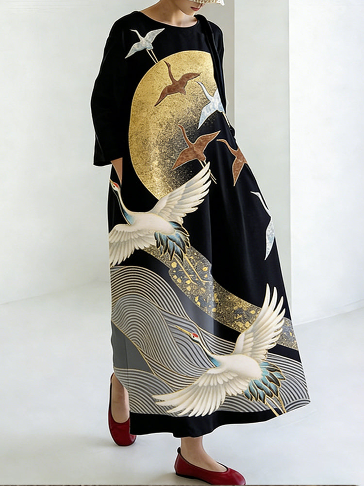 Comstylish Japanese Crane To The Moon Loose Round Neck Dress