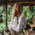 Retro Bohemian Floral Lace Art Cotton And Linen Blend Loose Blouse elevenforest