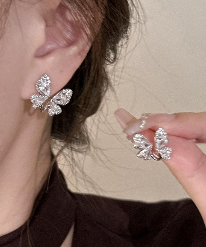 Stylish Silk Sterling Silver Zircon Butterfly Stud Earrings