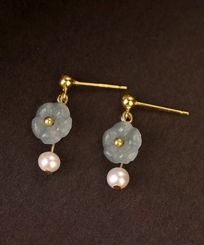 Art Colorblock Sterling Silver Overgild Jade Pearl Drop Earrings