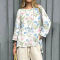 Women's Vintage Flowers Art Print Linen T-shirt elevenforest