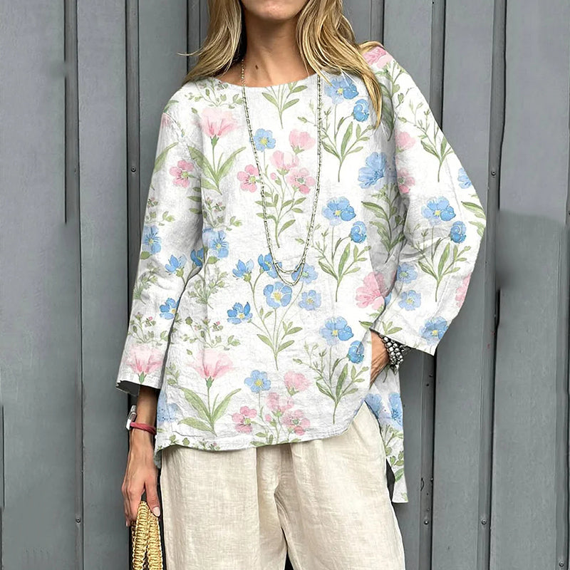 Women's Vintage Flowers Art Print Linen T-shirt elevenforest