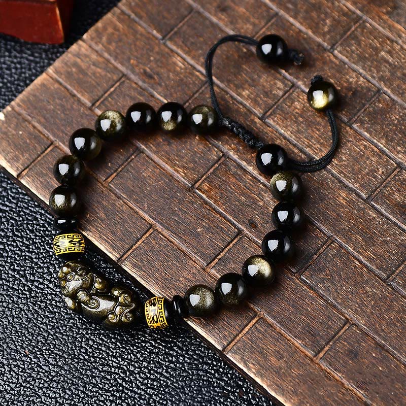 Buddha Stones Natural Gold Sheen Obsidian Pixiu Om Mani Padme Hum Wealth Braided Bracelet