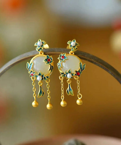 Modern Green Sterling Silver Inlaid Hetian Jade Agate Pearl Drop Earrings