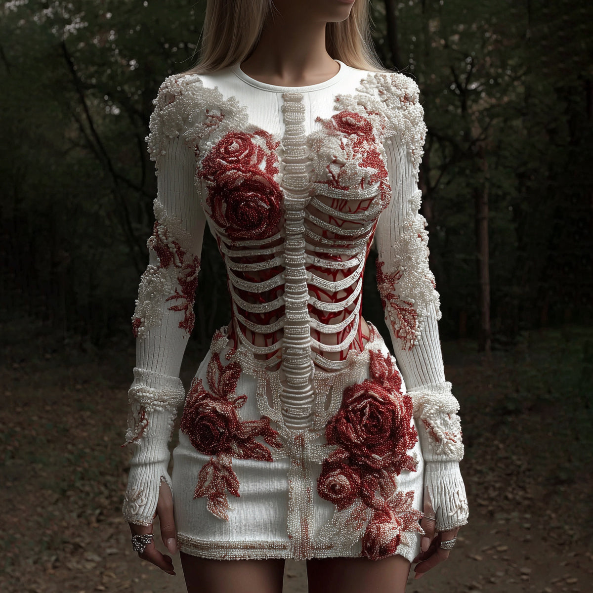 Comstylish Women's Halloween Skeleton Flower Art Embroidery Cozy Knit Mini Sweater Dress