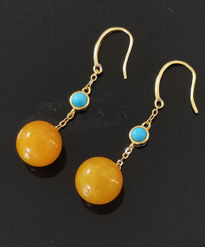 Yellow Sterling Silver Inlaid Beeswax Turquoise Drop Earrings