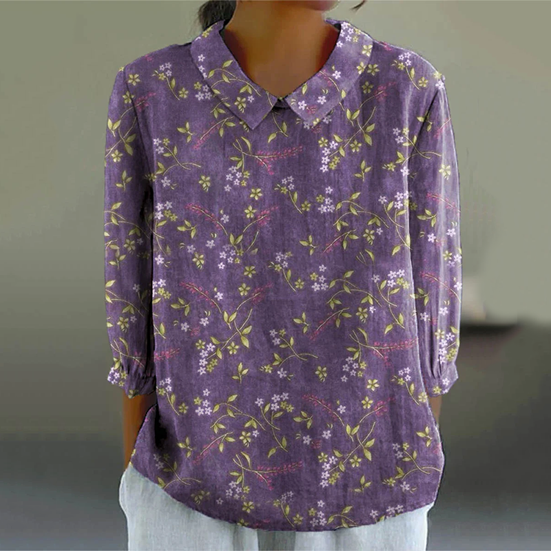 Women's Vintage  Tranquil Spring Lovely Floral Art Print Design Lapel Shirt elevenforest