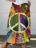 Women's Retro Peace Pattern Art Print Linen Pocket Skirt