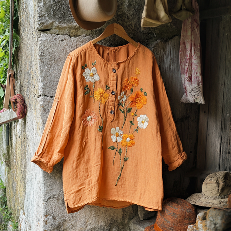Retro Floral Half Button Casual Long Sleeve Henley Shirts elevenforest