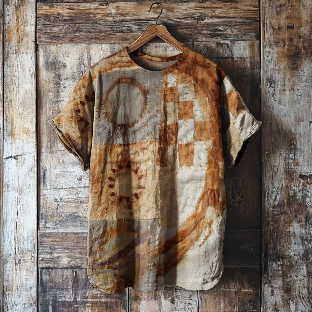 Women's Vintage Rust Dyed Art Print Round Neck Linen Blend T-shirt elevenforest