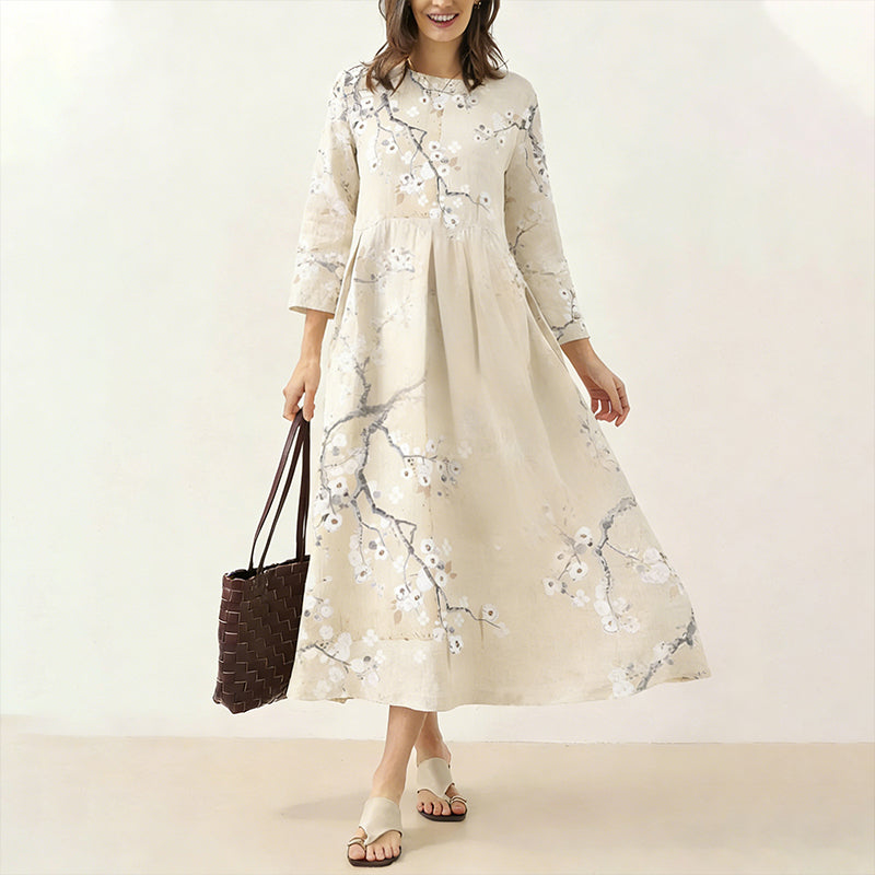 Japanese Retro Cherry Blossom Print Art Comfy Maxi Dress elevenforest