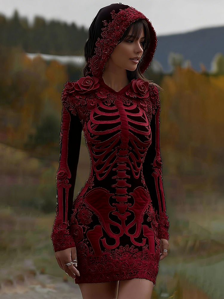Comstylish Women's Vintage Halloween Skeleton Bones With Rose Art Cozy Knit Hooded Sweater Dress