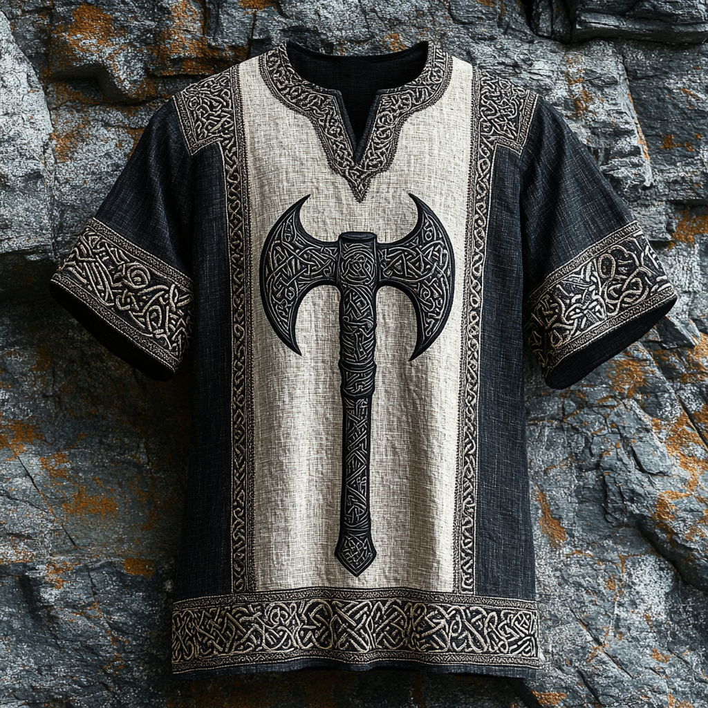 Men's Viking Runes Axe Celtic Knot Art Linen Shirt elevenforest