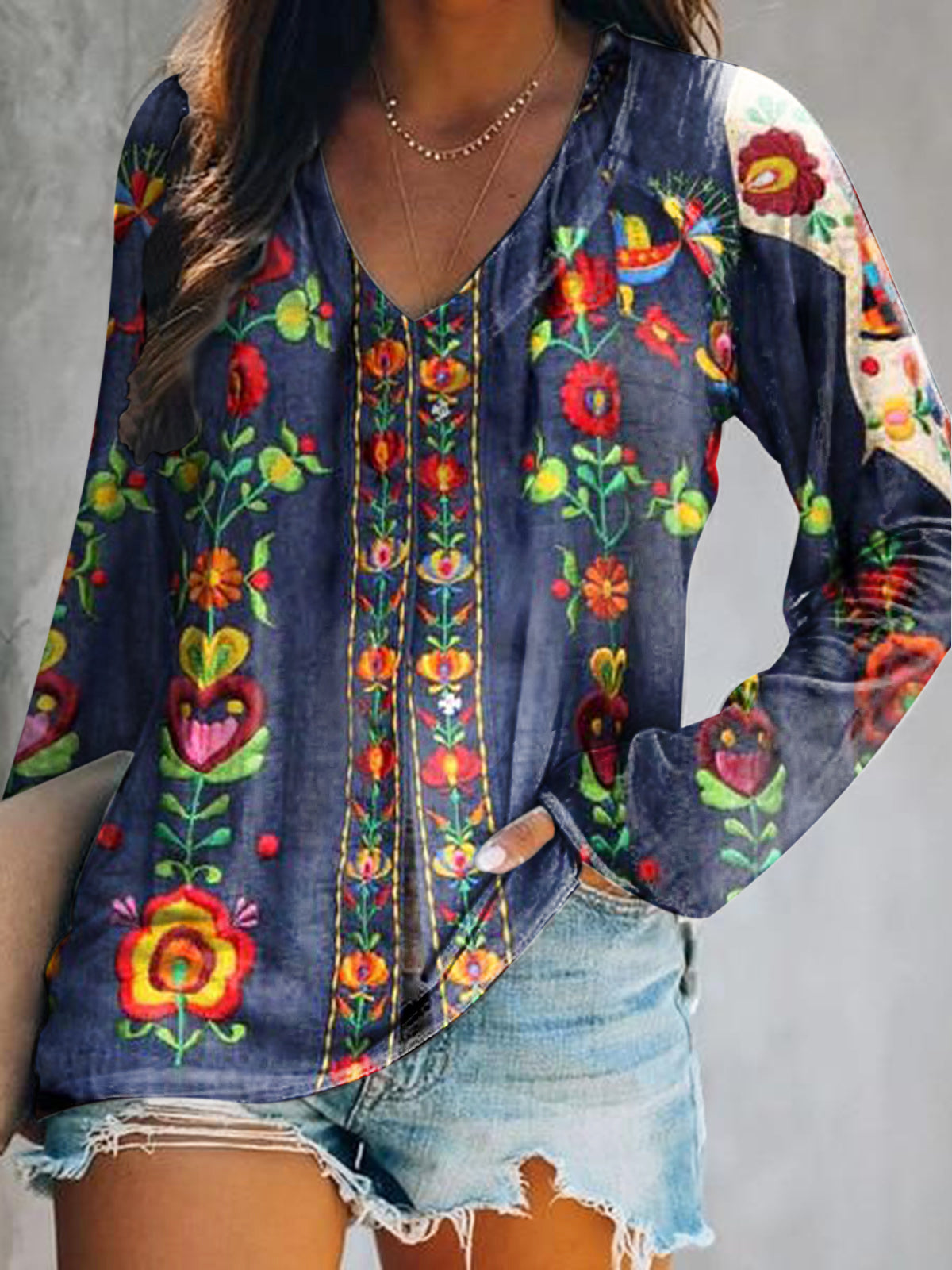 Women's Vintage Bohemian Floral Art Print Casual V Neck Long Sleeve To