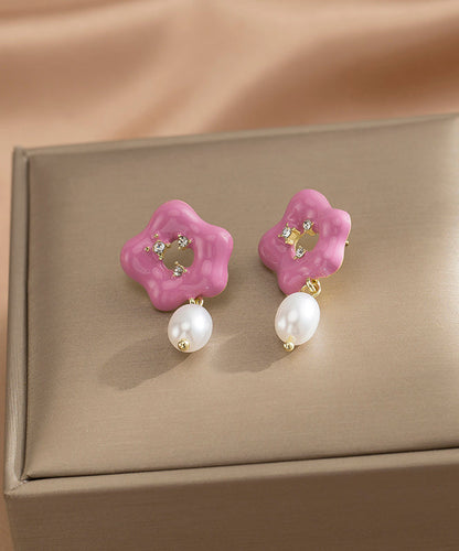 Pink Alloy Pearl Drip Glaze Drop Earrings