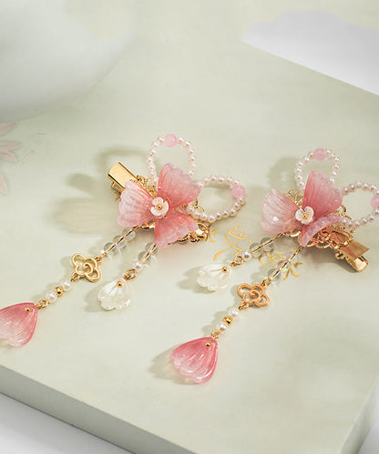 Pink Copper Alloy Pearl Colored Glaze Tassel a Pair Hairpin