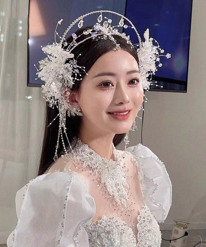 White Alloy Crystal Tassel Crown and Drop Earrings Two-piece Set