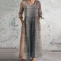 Vintage Striped Print V-neck Linen Blend Midi Dress elevenforest