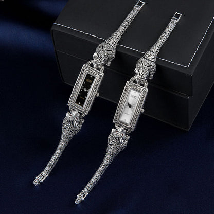 White Sterling Silver Metal Stainless Steel Organic Glass Leopard Head Wrist Watch