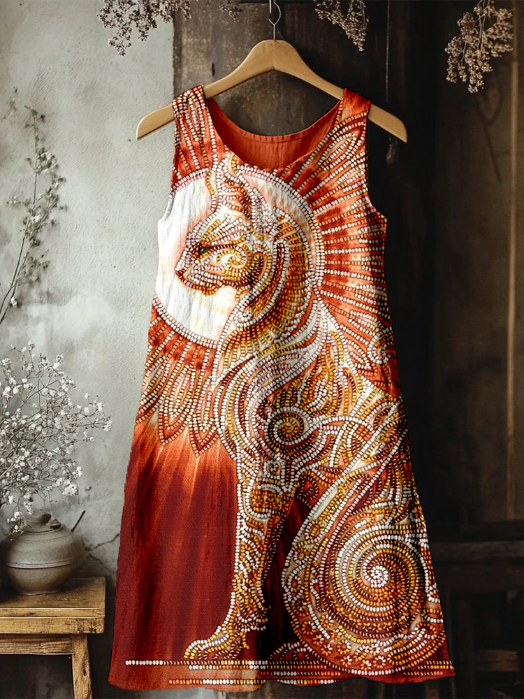 Comstylish Egyptian Cat Goddess Bast Bead Embroidered Linen Midi Dress