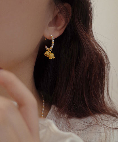 Pearl Patchwork Small Bell 14k Gold Hoop Earrings