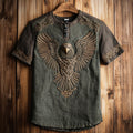 Men's Viking Celtic Eagle Embroidery Art Linen T Shirt elevenforest
