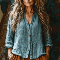 Bohemian Style Linen Floral Art Print Long Sleeve Loose  Shirt elevenforest