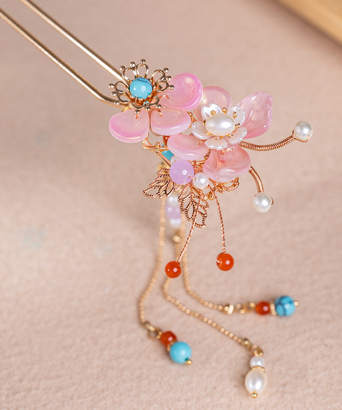 Fine Colorblock Alloy Pearl Turquoise Colored Glaze Tassel Hairpin