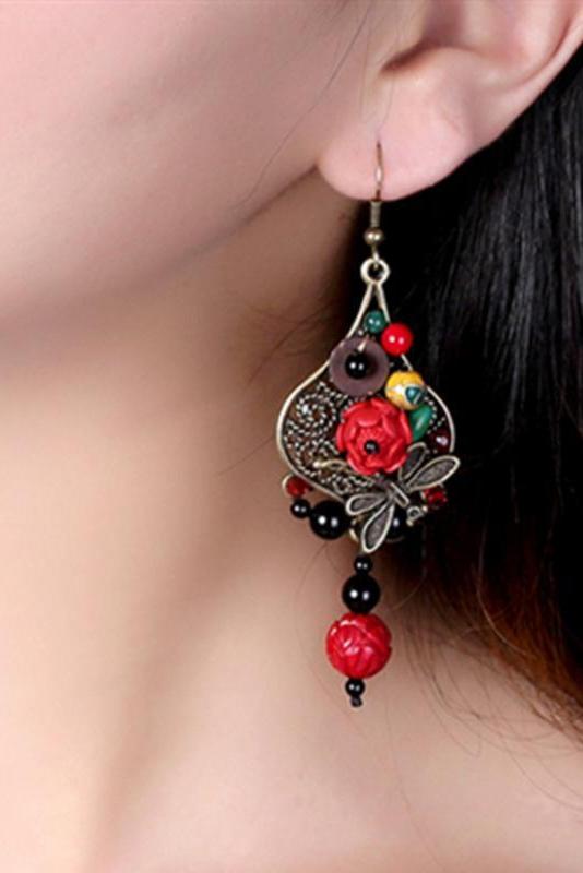 Red Flower Alloy Dragonfly Retro Earrings