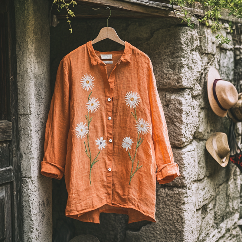 Bohemian Holiday Style Linen Floral Print  Long Sleeve Shirt elevenforest