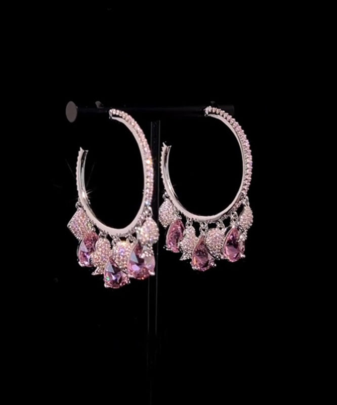 Pink Copper Overgild Zircon Tassel Hoop Earrings