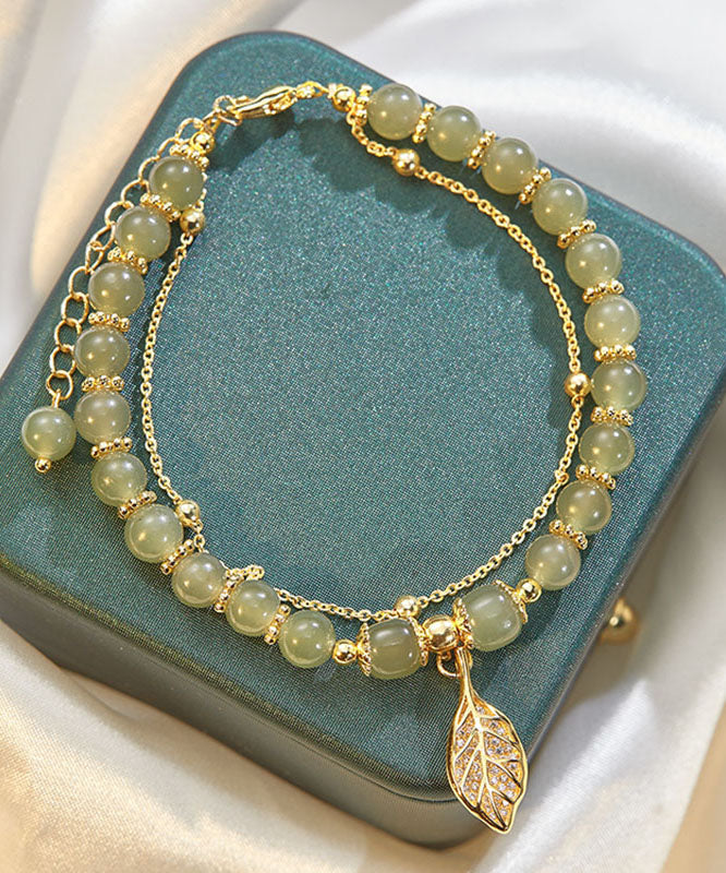 Tanksgiving Day Give Away- Green 18k Gold Inlaid Jade Zircon Leaf Charm Bracelet