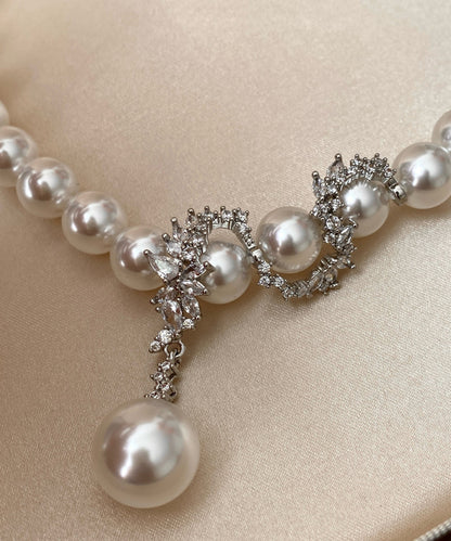 White Pearl Dragon Pattern Pendant Zircon Silver Choker