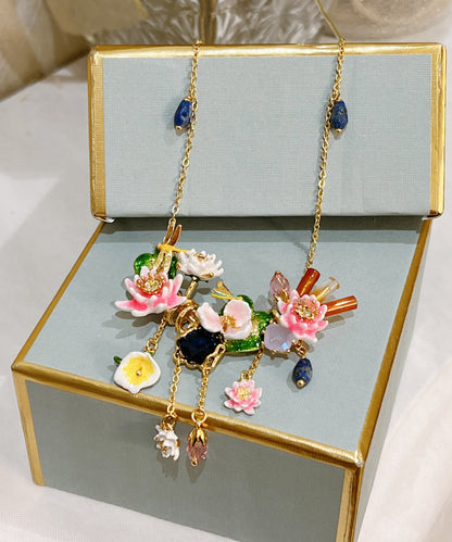 Gold Sterling Silver Overgild Dragonfly Gem Stone Lotus Leaf Pendant Necklace