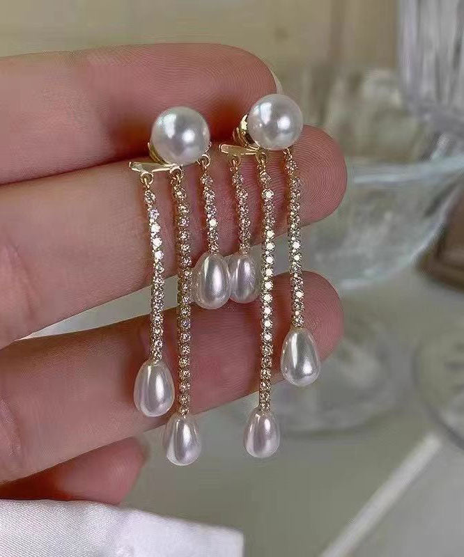 Gold Sterling Silver Overgild Zircon Pearl Tassel Drop Earrings