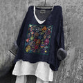 Comstylish Women's Japanese Fish Art Print V-neck Loose Linen T-shirt