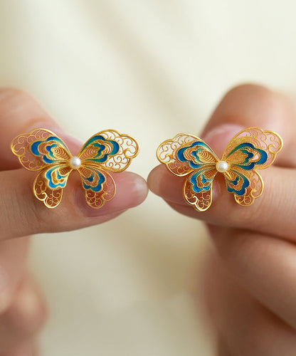 Gold Sterling Silver Overgild Butterfly Pearl Hollow Out Stud Earrings