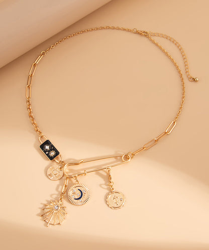 Gold Copper Alloy Zircon Pin Asymmetrical Cross Pendant Necklace