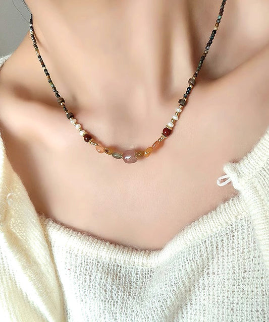Retro Rainbow Alloy Pearl Natural Stone Beading Gratuated Bead Necklace